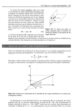 9.4. Carga en un campo electromagnético 345
A ...··········
// ¡ ti{.
dF-¡, .
~ÍdF' V
i
La fuerza del ca.II1P_9__gg~ ~gnético sobre una carga
en movimiento da lugar a L_mpo_!"t~ntesfen~Q_l~IJ,Q~ ma-
croscópicos. Por ejemplo (Figura 9.2), sea un hilo con-
ductor, formado por una red de iones positivos y elec-
trones con libertad de movimiento por la red, obligado
a moverse en un campo B de modo que un elemento del
hilo dl lo hace con una velocidad v . Aunque la carga
neta del elemento sea nula, tendrá una carga positiva
dq debida a los iones, que es forzada a moverse con v, y
otra -dq debida a los electrones que en principio tam-
bién se mueve con v , pero al estar sometida a la fuerza
activa
dF = -dqv x B (9.8)
Figura 9.2. La fuerza que aplica un
campo magnético sobre un alambre con
corriente es debida al movimiento de sus
y a la fuerza de ligadura dFL originada por la atracción cargas eléctricas.
de los iones de la red que le impide salirse del hilo,
adquirirá una aceleración a lo largo del hilo, y si éste forma un circuito cerrado se establecerá una
corriente eléctrica. Este fenómeno ya ha sido e~?tudiado en el Capítulo 5.
Como otra aplicación de la fórmula de la fuerza Lorentz se va a estudiar el mo_vi_
miento de una
carga q en un campo electromagnético. La aceleración a que está sometida la carga es
----- -- - ~- - - ~-~---~-· - ·. ··-···--··-··-- -· - - - ----~ ---- - - -- . .
F q
a=-= -(E+ v x B).
m m
(9.9)
Para llegar a saber la forma del movim_iegtq elpresent~_.t;1studio se_li:roit¡;¡._p,__Gªrnpos_ c~:msta.ntes _
en
<:L~i~I!!PO (oestacionarios) y homogéneos (o independientes del punto del espacio considerado).
B
.E
!
2:::::::-+-r-----
,~ •E,
Vd
Figura 9.3. Esquema de componentes de la velocidad de una carga moviéndose en un campo elec-.
tromagnético estático.
Se descompone el vector E (Figura 9.3) en sus componentes E2 en la dirección del campo
magnético B y E1 en dirección perpendicular, de modo que E = E1 + E2 . Introduzcamos la
llamada velocidad de deriva vd = E1 x B/ B2
(nótese que este cociente tiene dimensiones de
velocidad). La diferencia v' = v - vd se descompone en v~ en la dirección de B y v~, de modo
 