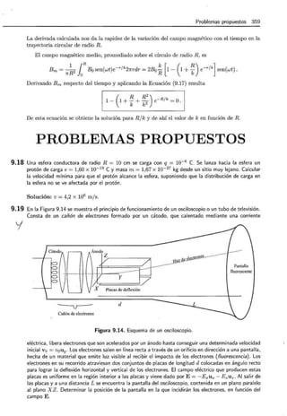 9.18
Problemas propuestos 359
La derivada calculada nos da la rapidez de la variación del campo magnético con el tiempo en la
trayectoria circular de radio R.
El campo magnético medio, promediado sobre el círculo de radio R, es
B m = 7r~ 2 1R Bosen(wt)e- r/k2wrdr = 2Bo~ [1- (1+ ~) e- r/k] sen(wt).
Derivando B m respecto del tiempo y aplicando la Ecuación (9.17) resulta
1 - 1 + - + - e- R/k =O
(
R R
2
)
k k2 .
De esta ecuación se obtiene la solución para R / k y de ahí el valor de k en función de R .
PROBLEMAS PROPUESTOS
Una esfera conductora de radio R = 10 cm se carga con q = 10-6 C. Se lanza hacia la esfera un
protón de carga e = 1,60 x 10-19 C y masa m = 1,67 x 10-27 kg desde un sitio muy lejano. Calcular
la velocidad mínima para que el protón alcance la esfera, suponiendo que la distribución de carga en
la esfera no se ve afectada por el protón.
Solución: v = 4,2 x 106
m js.
9.19 En la Figura 9.14 se muestra el principio de funcionamiento de un osciloscopio o un tubo de televisión.
y
Consta de un cañón de electrones formado por un cátodo, que calentado mediante una corriente
~
Cañón de electrones
....JJ ~"- ~ ~-~w< tr~x 'J..~~--- · · · ···· ·
y
Placas de deflexión
d
Figura 9.14. Esquema de un osciloscopio.
Pantalla
fluorescente
eléctrica , libera electrones que son acelerados por un ánodo hasta conseguir una determinada velocidad
inicial v 0 = v0 u y. Los electrones salen en línea recta a través de un orificio en dirección a una pantalla,
hecha de un material que emite luz visible al recibir el impacto de los electrones (fluorescencia). Los
electrones en su recorrido atraviesan dos conjuntos de placas de longitud d colocadas en ángulo recto
para lograr la deflexión horizontal y vertical de los electrones. El campo eléctrico que producen estas
placas es uniforme en la región interior a las placas y viene dado por E= - Exux - E z U z . Al salir de
las placas y a una distancia L se encuentra la pantalla del osciloscopio, contenida en un plano paralelo
al plano X Z . Determinar la posición de la pantalla en la que incidirán los electrones, en función del
campo E.
 