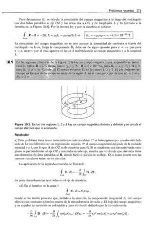 10.9
Problemas resueltos 373
Para determinar Bz se calcula la circulación del campo magnético a lo largo del rectángulo
con dos lados paralelos al eje OZ y los otros dos a OX y de longitudes L y 2a (situado a la
derecha en la Figura 10.8). Por la tercera ley y por la simetría se obtiene
J B · dl = -2BzL = f.Lol c = f.1onqv2aL => 1 B z = -f.Lonqva = - 4, Ox 10-12
T.
free.
La circulación del campo magnético no es cero porque la intensidad de corriente a través del
rectángulo no lo es, luego la componente B z debe ser de signo opuesto para x = - a que para
x = a, motivo por el cual aparece el factor 2 multiplicando al campo magnético y a la longitud
L.
Figura 10.9. En las tres regiones 1, 2 y 3 hay un campo magnético distinto y definido y se calcula el
campo eléctrico que le acompaña.
Resolución
a) Este problema tiene como características más notables: 1a es heterogéneo por cuanto está defi-
, ~i d o de forma diferente en tres regiones del espacio, 2a el campo magnético depende de la variable
espacial p y t, por lo que el eje OZ es de simetría para él. Si se considera una circunferencia cuyo
plano es perpendicular al eje OZ y centrada en este eje, resulta que el círculo que circunda tiene
sus elementos de área paralelos al B , siendo fácil el cálculo de su flujo. Otro tanto ocurre con las
coronas circulares entre varios círculos.
La aplicación de la segunda ecuación de Maxwell
J E . dl = - ~ { B . dS ,
lea 8t j S
da para circunferencias centradas en el eje de simetría:
al) En el interior de la zona 1
j E · dl =Et2np ,
lea
donde se ha tenido presente que, debido a la simetría, la componente tangencial E t del campo
eléctrico es constante sobre los puntos de la circunferencia de radio p. El flujo del campo magnético
y su rapidez de variación es calculable y para el círculo definido por la circunferencia
8[ 8 [ 8
- 8t lsB . dS =- 8t lscos(wt )u z. dSuz =- 8t np
2
cos(wt) = wnp
2
sen(wt).
 