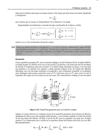 2.9
Problemas resueltos 43
dado que el cilindro intercepta la misma sección S de chapa que área tienen sus bases. Igualando
y despejando:
a
E= 2co ,
que muestra que el campo es independiente de la distancia a la chapa.
_
Expresándolo vectorialmente, tomando los ejes coordenados de la figura, resulta
E- a' { a
- 2<o ~ ~ 'gn(z)~u _ 2<o u, ,¡ z > 0
2~ z- '
a
-~u .
2co z SI z < O,
siendo (x, y, z) las coordenadas del punto campo.
Resolución
Como superficie gaussiana oV, por la simetría análoga a la del Problema 2.8 de un plano infinito,
se puede escoger un cilíndro recto con su eje normal a la plancha y de modo que una de sus bases,
de sección S cualquiera, pase por el punto P en donde desea calcularse el campo, y la otra base
sea simétrica a la anterior con respecto a dicha plancha (Figura 2.12). Se toman dos cilindros
diferentes, uno con las bases exteriores a la plancha y otro totalmente contenido en la plancha,
para distinguir entre puntos exteriores como el P e interiores como el P' , pues como se verá la
expresión del campo no es la misma en los dos casos. Por razonamiento análogo al caso del plano
E
dS
h=lcm
Figura 2.12. Superficies gaussianas para una plancha cargada.
infinito, el campo eléctrico en cualquier punto de la superficie gaussiana será normal a la plancha,
alejándose de ella ya que está cargada positivamente, y con el mismo módulo en todos los puntos
de las dos bases del cilindro. El flujo a través de oV para la superficie que pasa por el punto
exterior P es, observando que a través de la superficie lateral del cilindro será nulo, por ser dS y
E perpendiculares:
<PE = j E . dS = { EdS + { EdS = E2S ,
fav }Bsup } B;nf
 