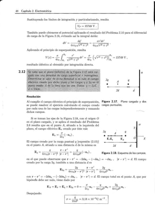 í 48 Capítulo 2. Electrostática
2.12
Sustituyendo los límites de integración y particularizando, resulta
1 Vp = 15749 V . 1
También puede obtenerse el potencial aplicando el resultado del Problema 2.10 para el diferencial
de carga de la Figura 2.16, evitando así la integral doble:
O"r1
dr1
Aplicando el principio de superposición, resulta
V(z) = ..!!_ {Re r
1
dr1
= ..!!_ (Jr12 + z2) jRe = 15749 V,
4Eo } R, Vr1
2 + z2 4Eo R,
resultado idéntico al obtenido por integración directa.
Resolución
Al cumplir el campo eléctrico el principio de superposición,
se puede resolver el ejercicio calculando el campo creado
por cada una de las cargas independientemente y sumando
dichos campos.
Si se toman los ejes de la Figura 2.18, con el origen O
en el plano cargado, y se aplica el resultado del Problema
2.8 resulta que en el punto A, situado a la izquierda del
plano, el campo eléctrico E.,.. creado por éste vale
(]"
E.,.. = 2t:o (-ux) '
El campo creado por la carga puntual q [expresión (2.15)]
en el punto A , situado a una distancia d de la misma es
E _ q r-r
1
q ( )
q - 47rt:olr- r 112 Ir- r 11 = 47rt:od2 -Ux '
cr
2q
A
q
• • •
2d d
Figura 2.17. Plano cargado y dos
cargas puntuales.
(j
y
2q
A
q
• •
EffEq E2I o X
2d d
Figura 2.18. Esquema de los campos.
en el que puede observarse que r- r 1
= -2dux- (-dux) = -dux , Ir- r'l =d. El campo
creado por la carga 2q, también a una distanciad es
E2 - 2q r - r 1 = ~U x
q - 47rt:olr- r 1
12 Ir- r 1
1 47rt:0d2 '
con r- r 1
= -2dux - (-3dux) = dux , Ir - r 1
1 = d. El campo total en el punto A, que por
hipótesis debe ser nulo, viene dado por
Despejando:
(]" q 2q
EA=E.,..+ Eq+ E2q =Ü=--
2
U x - -
4
d2 u x + -
4
d2 Ux.
Eo 1l"Eo 1l"Eo
O"= qd2
= 3,18 X 10-5
C m-2
.
21!"
 