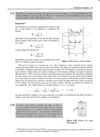2.13
2.14
Resolución15
Del Problema 2.7 se tiene la expresión del campo creado
por un hilo infinito a una distancia r cualquiera del
mismo,
A r
E=--- .
27rt:or r
Aplicando dicha expresión al caso de los hilos del pro-
blema (Figura 2.19) resulta, para el hilo de densidad A,
un campo
A r 1
E1 = - - - -
2m::orl r1 '
y para el hilo de densidad 2A,
2A r 2
E 2 =----.
21r.::0r 2 r 2
Problemas resueltos 49
-
-..
1
iE2 ~p E 1
~ . .
----=---
A. 2A
d
Recuérdese que estos vectores son perpendiculares a los
hilos en cualquier punto del espacio. Figura 2.19. Esquema de los campos.
Para que el campo en un punto sea cero, debe anularse la suma vectorial de los campos
creados por ambos hilos. Por tanto, los dos vectores E 1 y E 2 deben ser opuestos (de igual módulo
y dirección, y sentidos contrarios). En un punto tal como el P' de la figura, no situado en el plano
que contiene a ambos hilos, los campos creados por éstos forman siempre un ángulo cualquiera
diferente de 0° o 180°, por lo que la suma vectorial nunca puede anularse. En los puntos contenidos
en dicho plano, pero no situados entre ambos hilos, los vectores de campo tienen igual sentido,
por lo que tampoco pueden anularse. Por tanto, los únicos puntos donde puede anularse el campo
deben estar en el plano que contiene a los hilos y en la región situada entre ellos, como en el punto
P de la figura. En tales puntos, para que el campo se anule, deberán ser iguales los módulos de
los campos E 1 y E 2 . Observando que en dicho punto, d = r 1 + r2 se tiene
A A
::::} r1 = d/3.
A
27rt:orl 7rco(d- r!)
isor2
El lugar geométrico pedido es la recta contenida en el plano que forman los dos hilos, paralela a
ambos y que dista d/3 del hilo cargado con densidad A.
2R
p
Figura 2.20. Cilindro con carga
inhomogénea.
15Se supone que, en este tipo de ejercicios, no existe ninguna redistribución de las cargas en los distintos elementos
que componen el sistema, a pesar de la cercanía de los mismos.
......
 