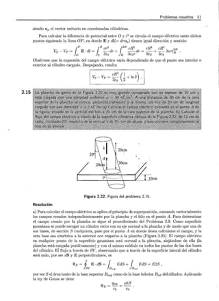 2.15
Problemas resueltos 51
siendo up el vector unitario en coordenadas cilíndricas.
Para calcular la diferencia de potencial entre O y P se circula el campo eléctrico entre dichos
puntos siguiendo la línea OP, en donde E y di(= drup) tienen igual dirección y sentido:
¡P ¡Rcr2 12R cR3 cR3 cR3 2R
Vo - Vp = E · di = -
3
dr + -
3
-dr = - + -
3
- ln riR .
o o Eo R Eor· 9éo Ea
Obsérvese que la expresión del campo eléctrico varía dependiendo de que el punto sea interior o
exterior al cilindro cargado. Despejando, resulta
Va- Vp = ~ - + ln2
· R3 (1 )
3Eo 3
lOcm
Figura 2.22. Figura del problema 2.15.
Resolución
a) Para calcular el campo eléctrico se aplica el principio de superposición, sumando vectorialmente
los campos creados independientemente por la plancha y el hilo en el punto A. Para determinar
el campo creado por la plancha se sigue el procedimiento del Problema 2.9. Como superficie
gaussiana se puede escoger un cilindro recto con su eje normal a la plancha y de modo que una de
sus bases, de sección S cualquiera, pase por el punto A en donde desea calcularse el campo, y la
otra base sea simétrica a la anterior con respecto a la plancha (Figura 2.23). El campo eléctrico
en cualquier punto de la superficie gaussiana será normal a la plancha, alejándose de ella (la
plancha está cargada positivamente) y con el mismo módulo en todos los puntos de las dos bases
del cilindro. Ei flujo a través de &V, observando que a través de la superficie lateral del cilindro
será nulo, por ser dS y E perpendiculares, es
11>E = i E · dS = { EdS + { EdS = E2S ,
8V } B s up } Binf
por ser S el área tanto de la base superior Bsup como de la base inferior Binf del cilindro. Aplicando
la ley de Gauss se tiene
lf>E = Qint _ phS
Eo - ~
 