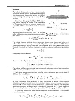Problemas resueltos 55
Resolución
Para calcular el campo eléctrico en el punto A se aplica
el principio de superposición de campos electrostáticos,
determinando dicho campo como la suma vectorial del
campo creado por el hilo cargado y del campo del disco
cerámico.
Para calCular el campo producido por el hilo se apli-
ca el teorema de Gauss, tal como se hizo en el Problema
2.7. Tomando el resultado del mismo, el campo creado
por un hilo infinito a una cierta distancia rh de su eje
es
A rh
Eh=----.
27rEorh rh
Aplicado al caso del punto A de la Figura 2.28, en donde
A(0,-5,-1O)
z
A,
, B(-5,0,-1O)
Eh
rh
C(-5,0,-15)
se han reflejado las coordenadas cartesianas en centíme-
tros, se tiene
Figura 2.28. Campos creados por el disco
y el hilo cargados.
-20 X 10-9 ·
Eh= (-uy) = 7190 Uy V/m.
27rE00,05
Para calcular el campo debido al disco cerámico debe observarse que el enunciado indica que el
radio de éste es mucho mayor que la distancia del punto A tanto al disco como al hilo. Puede
aproximarse entonces el campo creado por el disco al valor del campo creado por un plano infinito.
Tomando el resultado del Problema 2.8, el campo creado por el disco a una distancia r1r del mismo
es
a r1r
Etr = 2r;0
rtr '
que aplicado al punto A resulta
-10 X 10-9
Etr = (-uz) = 565 Uz V/m .
2Eo
El campo total en el punto A es la suma vectorial de ambo~. campos:
1 EA = Eh + Etr ~ 7190 Uy + 565 Uz V/m .
Para calcular la diferencia de potencial entre los puntos de la figura, se obtiene la correspondiente
al hilo y al disco, sumándose ambas..
Para calcular la diferencia de potencial entre dos puntos cualesquiera, tales como el A y el B,
debida al hilo, se tendrá que
VA-VB= E·dl= ---~·dl= ---drh,
¡
B ¡B A r ¡B A
A A 27rEolh lh A 27rEorh
en donde rh representa la distancia desde un punto cualquiera al eje del hilo y drh el elemento
diferencial de longitud en la dirección perpendicular al mismo, resultado de proyectar dl en la
dirección de E. De esta integral se puede observar que la diferencia de potencial entre dos puntos
depende únicamente de la distancia al hilo. Puesto que los tres puntos A, B y C están a la misma
distancia de éste, los tres tendrán el mismo potencial debido al campo producido por el hilo.
En cuanto a la diferencia de potencial entre dos puntos cualesquiera debida al campo creado
por el disco, se tiene:
¡
B ¡B a r 7r ¡B a a
VA- VB = E· dl = - - ·dl = -dr1r = -(rtrB- rtrA),
A A 2Eo ltr A 2Eo 2Eo
 