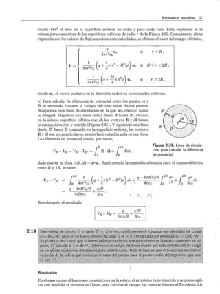 2.19
Problemas resueltos 57
siendo 47rr2 el área de la superficie esférica de radio r para cada caso. Esta expresión es la
misma para cualquiera de las superficies esféricas de radio r de la Figura 2.30. Comparando dicha
expresión con los valores de flujo anteriormente calculados, se obtiene el valor del campo eléctrico,
q
si r < R,
- - u
47rr2.::o r
E=~
1 ( 4 3 3 )
47rr2.::o q + 37r(r . - R )p Ur si R::; T < 2R ,
1 ( 28 3 )
47rr2.::o q + 37rR p Ur si T ?: 2R,
siendo Ur el vector unitario en la dirección radial en coordenadas esféricas.
b) Para calcular la diferencia de potencial entre los puntos A y
B es necesario conocer el campo eléctrico entre dichos puntos.
Busquemos una línea de circulación en la que sea cómodo hallar
la integral. Eligiendo una línea radial desde A hasta B', situado
en la misma superficie esférica que B, los vectores E y dl tienen
la misma dirección y sentido (Figura 2.31). Y siguiendo una línea
desde B' hasta B contenida en la superficie esférica, los vectores
E y dl son perpendiculares, siendo la circulación nula en esa Línea.
La diferencia de potencial queda, por tanto,
J
B {2R
VA - VB = VA - VB' = A E · dl = }R Edr ,
B
Figura 2.31. Línea de circula-
ción para calcular la diferencia
de potencial.
dado que en la línea AB',dl = drur· Sustituyendo la expresión obtenida para el campo eléctrico
entre R y 2R, se tiene:
VA - VB
1
2R 1 ( 4 ( 3 R3) ) d - q- 47rR3pj312R dr 12R pr d
- - q + -7r T - p T- - + - T
R 47rr2.::o 3 ' ' 47rco R r 2 R 3.::o
q- 41rR3p/3 pR2
_:______..:....:__ + - .
8R1r.::o 2.::o 1· /···,
' 1
t ··,
1 ...
Reordenando el resultado,
Resolución
R2
- -ª-+e_.
VA - VB - 87r.::oR 3.::o
En el caso en que el hueco sea concéntrico con la esfera, el problema tiene simetría y se puede apli-
car con sencillez el teorema de Gauss para calcular el campo, tal como se hizo en el Problema 2.6.
 