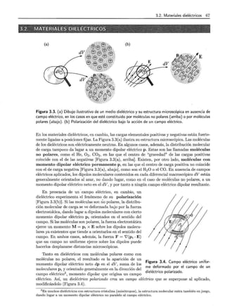 3.2. Materiales dieléctricos 67
(b)
Figura 3.3. (a) Dibujo ilustrativo de un medio dieléctrico y su estructura microscópica E;!n ausencia de
campo eléctrico, en los casos en que esté constituido por moléculas no polares (arriba) o por moléculas
polares (abajo). (b) Polarización del dieléctrico bajo la acción de un campo eléctrico.
En los materiales dieléctricos, en cambio, las cargas elementales positivas y negativas están fuerte-
mente ligadas a posiciones fijas. La Figura 3.3(a) ilustra su estructura microscópica. Las moléculas
de los dieléctricos son eléctricamente neutras. En algunos casos, además, la distribución molecular
de carga tampoco da lugar a un momento dipolar eléctrico p . Estas son las llamadas moléculas
no polares, como el He, 0 2 , C02 , en las que el centro de "gravedad" de las cargas positivas
coincide con el de las negativas [Figura 3.3(a), arriba]. Existen, por otro lado, moléculas con
momento dipolar eléctrico permanente p, en las que el centro de carga positiva no coincide
con el de carga negativa [Figura 3.3(a), abajo], como son el H2 0 o el CO. En ausencia de campos
eléctricos aplicados, los dipolos moleculares contenidos en cada diferencial macroscópico dV están
generalmente orientados al azar, no dando lugar, como en el caso de moléculas no polares, a un
momento dipolar eléctrico neto en el dV, y por tanto a ningún campo eléctrico dipolar resultante.
En presencia de un ·campo eléctrico, en cambio, un
dieléctrico experimenta el fenómeno de su polarización
[Figura 3.3(b)]. Si las moléculas son ño polares, la distribu-
ción molecular de carga se ve deformada bajo por la fuerza
electrostática, dando lugar a dipolos moleculares con cierto
momento dipolar eléctrico Pi orientados en el sentido del
campo. Si las moléculas son polares, la fuerza electrostática
ejerce un momento M = Pi x E sobre los dipolos molecu-
lares ya existentes que tiende a orientarlos en el sentido del
campo. En ambos casos, además, la fuerza F = V(pi ·E)
que ·Un campo no uniforme ejerce sobre los dipolos puede
hacerlos desplazarse distancias microscópicas.
Tanto en dieléctricos con moléculas polares como con
moléculas no polares, el resultado es la aparición de un
momento dipolar eléctrico neto dp en el dV, suma de los
moleculares Pi y orientado generalmente en la dirección del
campo eléctrico2
, momento dipolar que origina un campo
Figura 3.4. Campo eléctrico unifor-
me deformado por el campo de un
dieléctrico polarizado.
eléctrico. Así, un dieléctrico polarizado crea un campo eléctrico que se superpone al aplicado,
modificándolo (Figura 3.4).
2 En muchos dieléctricos con estructura cristalina (anisótropos), la estructura molecular entra también en juego,
dando lugar a un momento dipolar eléctrico no paralelo al campo eléctrico.
 