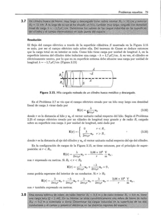 3.7
3.8
Problemas resueltos 79
Resolución
El flujo del campo eléctrico a través de la superficie cilíndrica S mostrada en la Figura 3.15
es nulo, por ser el campo eléctrico nulo sobre ella. Del teorema de Gauss se deduce entonces
que la carga total en su interior es nula. Como hilo tiene carga por unidad de longitud A, en la
superficie interna del cilindro debe inducirse una carga-,= 1,7 f.LC/cm. A su vez, el cilindro es
eléctricamente neutro, por lo que en su superficie externa debe situarse una carga por unidad de
longitud A= -1,7 f.LC/cm (Figura 3.15)
A
tD~~~~----r
Figura 3.15. Hilo cargado rodeado de un cilindro hueco metálico y descargado.
En el Problema 2.7 se vio que el campo eléctrico creado por un hilo muy largo con densidad
lineal de carga A viene dado por
,
( ) - - Up
E r - 1.7fcor (3.32)
donde r es la distancia al hilo y up el vector unitario radial respecto del hilo. Según el Problema
2.25 el campo eléctrico creado por un cilindro de longitud muy grande y de radio R, cargado
sobre su superficie con carga A por unidad de longitud, está dado por
E(r)= {~u 27rcor P
r < R,
r > R,
(3.33)
donde r es la distancia al eje del cilindro y U p el vector unitario radial respecto del eje del cilindro.
En la configuración de cargas de la Figura 3.15, se tiene entonces, por el principio de super-
posición: sir< R1 ,
,
E(r) = --up =
27fEor
3,06 X 106
V
r m up ,
con r expresado en metros. Si R1 < r < R2
, -,
E(r) = -
2
--uP + --up =O,
1fEor 21fEor
como podría esperarse del interior de un conductor. Si r > R2
, -, A A 3,06 X 106
V
E(r)=--u +--u +--u =--u=- -u
27fcor P 27rEor P 21fEor P 21fEor P r m P '
con r también expresado en metros.
 