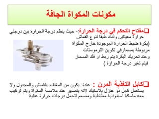 ‫المكواة‬ ‫مكونات‬
‫الجافة‬

‫مفتاح‬
‫التحكم‬
‫في‬
‫درجة‬
‫الحرارة‬
:
-
‫حيث‬
‫ينظم‬
‫درجة‬
‫الحرارة‬
‫بين‬
‫در‬
‫جتي‬
‫حرارة‬
‫معينتين‬
‫وذلك‬
‫طبقا‬
‫لنوع‬
‫القماش‬
(
‫بكرة‬
‫ضبط‬
‫الحرارة‬
‫الموجودة‬
‫خارج‬
‫المكواة‬
‫مربوطة‬
‫بمسمارفي‬
‫تكوين‬
‫الثرموستات‬
‫وعند‬
‫تحريك‬
‫البكرة‬
‫يتم‬
‫ربط‬
‫او‬
‫فك‬
‫المسمار‬
‫فيتم‬
‫تغير‬
‫درجة‬
‫الحرارة‬
)

‫كابل‬
‫التغذية‬
‫المرن‬
:
‫عادة‬
‫يكون‬
‫من‬
‫المغلف‬
‫بالقماش‬
‫والمجدول‬
‫و‬
‫ال‬
‫يستعمل‬
‫كابل‬
‫ذو‬
‫عازل‬
‫بالستيك‬
‫النه‬
‫ينصهر‬
‫عند‬
‫مالمسة‬
‫المكواة‬
‫ويت‬
‫م‬
‫تركيب‬
‫معه‬
‫ماسكة‬
‫اسطوانية‬
‫مطاطية‬
‫ومصمم‬
‫لتحمل‬
‫درجات‬
‫حرارة‬
‫عالية‬
 