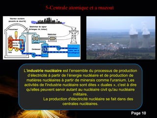 Powerpoint Templates
Page 10
5-Centrale atomique et a mazout
L’industrie nucléaire est l’ensemble du processus de production
d’électricité à partir de l’énergie nucléaire et de production de
matières nucléaires à partir de minerais comme l'uranium. Les
activités de l'industrie nucléaire sont dites « duales », c'est à dire
qu'elles peuvent servir autant au nucléaire civil qu'au nucléaire
militaire.
La production d'électricité nucléaire se fait dans des
centrales nucléaires.
 
