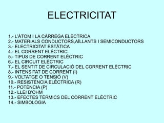ELECTRICITAT 1 .- L’ÀTOM I LA CÀRREGA ELÈCTRICA 2.- MATERIALS CONDUCTORS,AÏLLANTS I SEMICONDUCTORS 3.- ELECTRICITAT ESTÀTICA 4.- EL CORRENT ELÈCTRIC 5.- TIPUS DE CORRENT ELÈCTRIC 6.- EL CIRCUIT ELÈCTRIC 7.- EL SENTIT DE CIRCULACIÓ DEL CORRENT ELÈCTRIC 8.- INTENSITAT DE CORRENT (I) 9.- VOLTATGE O TENSIÓ (V) 10.- RESISTÈNCIA ELÈCTRICA (R) 11.- POTÈNCIA (P) 12.- LLEI D'OHM 13.- EFECTES TÈRMICS DEL CORRENT ELÈCTRIC 14.- SIMBOLOGIA 