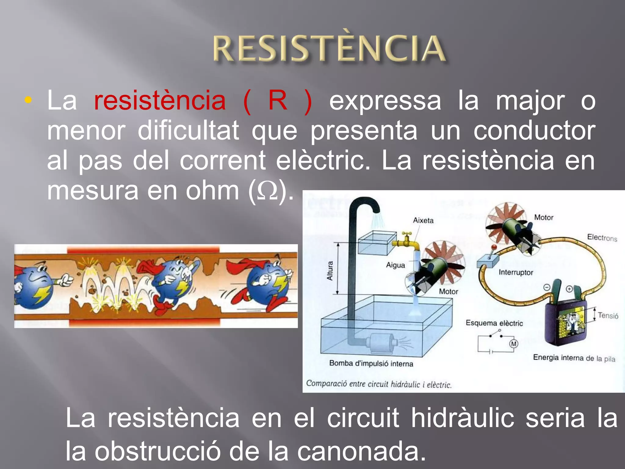 • La resistència ( R ) expressa la major o
menor dificultat que presenta un conductor
al pas del corrent elèctric. La resistència en
mesura en ohm (Ω).
La resistència en el circuit hidràulic seria la
la obstrucció de la canonada.
 