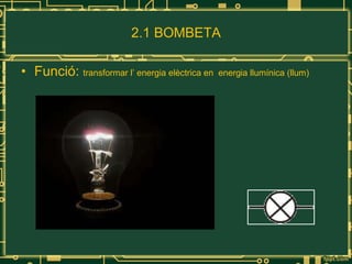 2.1 BOMBETA Funció:  transformar l’ energia elèctrica en  energia llumínica (llum) 