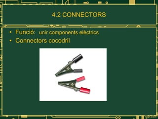 4.2 CONNECTORS Funció:  unir components elèctrics Connectors cocodril 