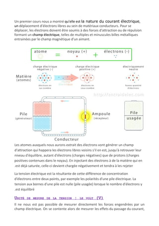 Un premier cours nous a montré ​qu'elle est ​la nature du courant électrique​,
un​ déplacement d'électrons libres au sein de matériaux conducteurs. Pour se
déplacer, les électrons doivent être soumis à des forces d'attraction ou de répulsion
formant un ​champ électrique​, telles de multiples et minuscules billes métalliques
entrainées par le champ magnétique d'un aimant.
Les atomes auxquels nous aurons extrait des électrons vont générer un champ
d'attraction qui happera les électrons libres voisins s'il en est, jusqu'à retrouver leur
niveau d'équilibre, autant d'électrons (charges négatives) que de protons (charges
positives contenues dans le noyau). En injectant des électrons à de la matière qui en
.est déjà saturée, celle-ci devient chargée négativement et tendra à les rejeter
La tension électrique est la résultante de cette différence de concentration
d'électrons entre deux points, par exemple les polarités d'une pile électrique. La
tension aux bornes d'une pile est nulle (pile usagée) lorsque le nombre d'électrons y
.est équilibré
UNITÉ DE MESURE DE LA TENSION : LE VOLT (V)
Il ne nous est pas possible de mesurer directement les forces engendrées par un
champ électrique. On se contente alors de mesurer les effets du passage du courant,
 