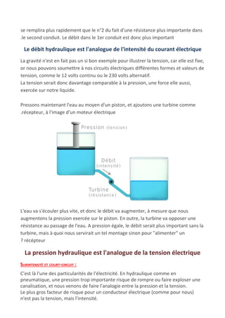 se remplira plus rapidement que le n°2 du fait d'une résistance plus importante dans
.le second conduit. Le débit dans le 1er conduit est donc plus important
Le débit hydraulique est l'analogue de l'intensité du courant électrique
La gravité n'est en fait pas un si bon exemple pour illustrer la tension, car elle est fixe,
or nous pouvons soumettre à nos circuits électriques différentes formes et valeurs de
tension, comme le 12 volts continu ou le 230 volts alternatif.
La tension serait donc davantage comparable à la pression, une force elle aussi,
exercée sur notre liquide.
Pressons maintenant l'eau au moyen d'un piston, et ajoutons une turbine comme
.récepteur, à l'image d'un moteur électrique
L'eau va s'écouler plus vite, et donc le débit va augmenter, à mesure que nous
augmentons la pression exercée sur le piston. En outre, la turbine va opposer une
résistance au passage de l'eau. A pression égale, le débit serait plus important sans la
turbine, mais à quoi nous servirait un tel montage sinon pour "alimenter" un
? récépteur
La pression hydraulique est l'analogue de la tension électrique
SURINTENSITÉ ET COURT-CIRCUIT :
C'est là l'une des particularités de l'électricité. En hydraulique comme en
pneumatique, une pression trop importante risque de rompre ou faire exploser une
canalisation, et nous venons de faire l'analogie entre la pression et la tension.
Le plus gros facteur de risque pour un conducteur électrique (comme pour nous)
n'est pas la tension, mais l'intensité.
 