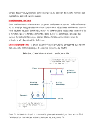 lampes desservies, symbolisée par une ampoule. La position de marche normale est
.symbolisée par un bouton poussoir
Branchements 3 et 4 fils
Deux modes de raccordement sont proposés par les constructeurs. Les branchements
à 3 ou 4 fils qui désignent le nombre de conducteurs nécessaires en sortie du tableau
(vers boutons poussoir et lampes), mais 4 fils sont toujours nécessaires aux bornes de
la minuterie pour le fonctionnement de celle-ci. Sur les schémas de principe qui
suivent il n'est volontairement pas fait état du fonctionnement interne de la
.minuterie afin d'en simplifier la lecture
En branchement 4 fils​ ​ : la phase est envoyée aux ​boutons poussoirs​ puis rejoint
.la bobine elle-même raccordée à son autre extrémité au neutre
Deux fils sont nécessaires à la commande (phase et retourBP), et deux autres fils à
l’alimentation des lampes (sortie contact et neutre), soit 4 fils
 