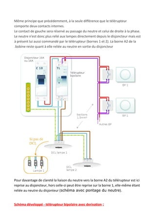  
Même principe que précédemment, à la seule différence que le télérupteur
comporte deux contacts internes.
Le contact de gauche sera réservé au passage du neutre et celui de droite à la phase.
Le neutre n'est donc plus relié aux lampes directement depuis le disjoncteur mais est
à présent lui aussi commandé par le télérupteur (bornes 1 et 2). La borne A2 de la
.bobine reste quant à elle reliée au neutre en sortie du disjoncteur
Pour davantage de clareté la liaison du neutre vers la borne A2 du télérupteur est ici
reprise au disjoncteur, hors celle-ci peut être reprise sur la borne 1, elle-même étant
reliée au neutre du disjonteur (​schéma avec pontage du neutre​).
Schéma développé - télérupteur bipolaire avec derivation​ ;
 