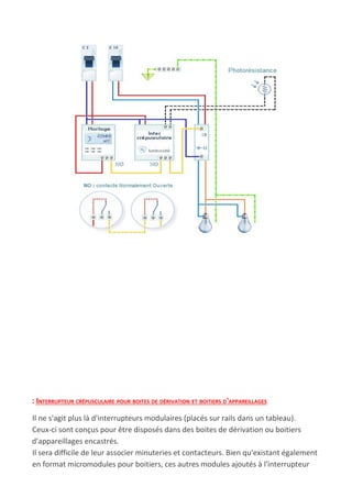 : INTERRUPTEUR CRÉPUSCULAIRE POUR BOITES DE DÉRIVATION ET BOITIERS D'APPAREILLAGES
Il ne s'agit plus là d'interrupteurs modulaires (placés sur rails dans un tableau).
Ceux-ci sont conçus pour être disposés dans des boites de dérivation ou boitiers
d'appareillages encastrés.
Il sera difficile de leur associer minuteries et contacteurs. Bien qu'existant également
en format micromodules pour boitiers, ces autres modules ajoutés à l'interrupteur
 