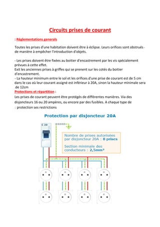 Circuits prises de courant
: Réglementations generals
Toutes les prises d'une habitation doivent être à éclipse. Leurs orifices sont obstrués -
de manière à empêcher l'introduction d'objets.
- Les prises doivent être fixées au boitier d'encastrement par les vis spécialement
prévues à cette effet.
Exit les anciennes prises à griffes qui se prenent sur les cotés du boitier
d'encastrement.
- La hauteur minimum entre le sol et les orifices d'une prise de courant est de 5 cm
dans le cas où leur courant assigné est inférieur à 20A, sinon la hauteur minimale sera
.de 12cm
Protections et répartition​ :
Les prises de courant peuvent être protégés de différentes manières. Via des
disjoncteurs 16 ou 20 ampères, ou encore par des fusibles. A chaque type de
: protection ses restrictions
 