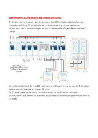 Sectionnement du fil pilote via des contacts auxiliaires​ :
En d’autres termes, ajouter aux disjoncteurs des différents circuits chauffage des
contacts auxiliaires. Ce sont de simple contacts venant se clipser au côté des
disjoncteurs. Les contacts changeront d’état selon que ​le disjoncteur​ soit levé ou
.baissé
Le contact utilisé sera de type NO (Normalement Ouvert, fermé lorsque le disjoncteur
est enclenché), ici entre les bornes 11 et 14.
Le fil pilote passe par le contact auxiliaire avant de rejoindre les radiateurs.
Disjoncteur baissé, le contact auxiliaire associé est lui aussi ouvert sectionnant ainsi le
.fil pilote
 