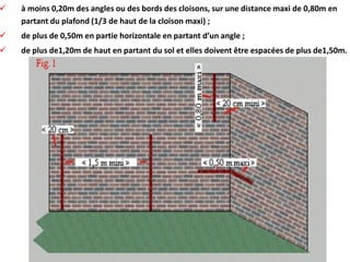  à moins 0,20m des angles ou des bords des cloisons, sur une distance maxi de 0,80m en
partant du plafond (1/3 de haut de la cloison maxi) ;
 de plus de 0,50m en partie horizontale en partant d’un angle ;
 de plus de1,20m de haut en partant du sol et elles doivent être espacées de plus de1,50m.
 