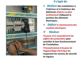 Il s’agit de:
 Réaliser des installations à
l’intérieur et à l’extérieur des
bâtiments d’après un plan
architectural indiquant la
position des éléments
électriques.
 Définir le cheminement des
conduits électriques
 Réaliser
la pose et le raccordement du
coffret des protections pour
contrôler le bon fonctionnement
de l’installation.
l’encastrement et la pose de
l’appareillage électrique en
respectant les normes de sécurité
en vigueur.
 