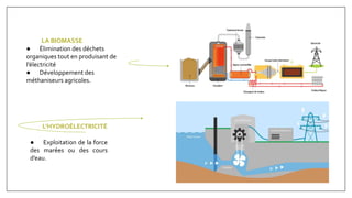 LA BIOMASSE
● Élimination des déchets
organiques tout en produisant de
l’électricité
● Développement des
méthaniseurs agricoles.
L’HYDROÉLECTRICITÉ
● Exploitation de la force
des marées ou des cours
d’eau.
 