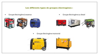 Les différents types de groupes électrogènes :
• Groupe électrogène à essence • Groupe électrogène au diesel
• Groupe électrogène insonorisé
 