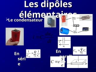 Le condensateur
Le condensateur
Les dipôles
Les dipôles
élémentaires
élémentaires
En
En
séri
séri
e
e
En
En
parall
parall
èle
èle
uC
iC
dt
du
.
C
i C

1
1 1
n
i
éq i
C C

 1
n
éq i
i
C C


e
S
C 

²

S
e
 