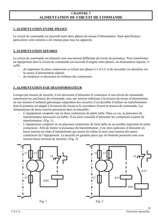 16
C.E.F.A. Electricité industrielle
CHAPITRE 3
ALIMENTATION DU CIRCUIT DE COMMANDE
1. ALIMENTATION ENTRE PHASES
Le circuit de commande est raccordé entre deux phases du réseau d’alimentation. Sauf spécification
particulière cette solution a été retenue pour tous les appareils.
2. ALIMENTATION SEPAREE
Le circuit de commande est alimenté sous une tension différente du circuit de puissance. Pour transformer
un équipement dont le circuit de commande est raccordé d’origine entre phases, en alimentation séparée, il
suffit :
- de supprimer les deux connexions se reliant aux phases L1 et L2, et de raccorder ces dernières sur
la source d’alimentation séparée.
- de remplacer si nécessaire les bobines des contacteurs.
3. ALIMENTATION PAR TRANSFORMATEUR
Lorsque par mesure de sécurité, il est nécessaire d’alimenter le contacteur et son circuit de commande,
notamment les auxiliaires de commande, sous une tension inférieure à la tension du réseau d’alimentation
ou une tension d’isolation galvanique (séparation des circuits), il est possible d’utiliser un transformateur
dont le primaire est adapté à la tension du réseau et le secondaire fournit la tension de commande. Les
alimentations de basse tension présentent deux éventualités :
- L’équipement comporte une ou deux contacteurs de petite taille. Dans ce cas, la puissance du
transformateur nécessaire est faible. Il est alors conseillé d’alimenter les contacteurs à partir du
transformateur. (Fig. 1)
- L’équipement comporte un ou plusieurs contacteurs de forte taille ou un nombre important de petits
contacteurs. Afin de limiter la puissance du transformateur, il est alors judicieux d’alimenter en
basse tension un relais d’automatisme qui assure lui même la mise sous tension des autres
contacteurs de l’équipement. La sécurité est garantie parce que les boutons poussoirs sont sous
tension basse (tension de sécurité). (Fig. 2)
F1 F3 F1 F3
F4 F4
F2 F2 KA1
KM1
KM1
Fig. 1 Fig. 2
KA1
 