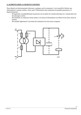 17
C.E.F.A. Electricité industrielle
4. ALIMENTATION A COURANT CONTINU
Pour obtenir un fonctionnement silencieux, quelques soit le contacteur, il est conseillé d’utiliser une
alimentation à courant continu. Ainsi, pour l’alimentation des contacteurs de grandes puissances, le
dispositif permet :
- D’augmenter considérablement la pression sur les pôles (le courant électrique ne s’annule plus lors
des passages à zéro).
- De maintenir le contacteur fermé même si le réseau d’alimentation est affecté d’une forte chute de
tension.
- De retarder légèrement l’ouverture du contacteur lors des micro-coupures.
Q
F1 F3
F4
C
F2
KM1
Q
 