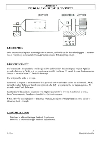 29
C.E.F.A. Electricité industrielle
CHAPITRE 7
ETUDE DE CAS : BROYEUR DE CIMENT
1. DESCRIPTION
Dans une société de la place, on mélange dans un broyeur, des boules de fer, du clinker et gypse. L’ensemble
mis en rotation par un moteur électrique, permet de produire de la poudre de ciment.
2. FONCTIONNEMENT
Une action sur S1 enclenche une sonnerie qui avertit les travailleurs du démarrage du broyeur. Après 30
secondes, la sonnerie s’arrête et le broyeur démarre aussitôt. Une lampe H1 signale la phase de démarrage du
broyeur et une autre lampe H2, la fin du démarrage.
Une action sur So arrête le broyeur.
Pour ouvrir le broyeur, le positionnement de la porte (en haut ou en bas) est obtenu par action sur S2. Or S2
permet la rotation du broyeur dans le sens opposé à celui de S1 avec une marche par à coup, autorisée 45
secondes après l’arrêt du broyeur.
Pour la sécurité des ouvriers, un capteur F3 a été placé pour arrêter le broyeur et enclencher la sirène,
lorsqu’un ouvrier entre dans la zone interdite lors du fonctionnement.
NB : Le broyeur utilise en réalité le démarrage rotorique, mais pour notre exercice nous allons utiliser le
démarrage étoile – triangle.
3. TRAVAIL DEMANDE
Etablissez le schéma développé du circuit de puissance
Etablissez le schéma développé du circuit de commande
 