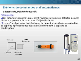 Eléments de commandes et d’automatismes
Présentation:
❑Les détecteurs capacitifs présentent l'avantage de pouvoir détecter à courte
distance la présence de tous types d'objets (isolants).
❑ Lorsqu'un objet entre dans le champ de détection des électrodes sensibles
du capteur, il provoque des oscillations en modifiant la capacité du
condensateur
43
Capteurs de proximité capacitif:
 