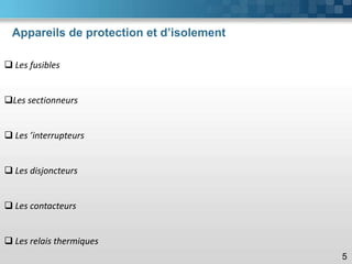 Appareils de protection et d’isolement
5
❑ Les fusibles
❑Les sectionneurs
❑ Les ’interrupteurs
❑ Les disjoncteurs
❑ Les contacteurs
❑ Les relais thermiques
 