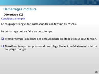 Démarrages moteurs
76
Démarrage Y/Δ
Conditions à remplir
Le couplage triangle doit correspondre à la tension du réseau.
Le démarrage doit se faire en deux temps :
❑ Premier temps : couplage des enroulements en étoile et mise sous tension.
❑ Deuxième temps : suppression du couplage étoile, immédiatement suivi du
couplage triangle.
 