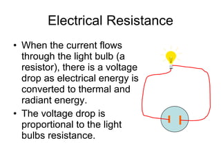 Electrical Resistance When the current flows through the light bulb (a resistor), there is a voltage drop as electrical energy is converted to thermal and radiant energy. The voltage drop is proportional to the light bulbs resistance. 