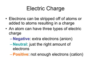 Electric Charge Electrons can be stripped off of atoms or added to atoms resulting in a charge An atom can have three types of electric charge Negative : extra electrons (anion) Neutral:  just the right amount of electrons Positive : not enough electrons (cation) 