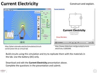 Current Electricity                                                      Construct and explain.




  http://phet.colorado.edu/en/simulation/circuit-      http://www.slideshare.net/gurustip/current-
  construction-kit-ac-virtual-lab                      electricity-11092690

   Build circuits using this simulation and try to replicate them with the materials in
   the lab. Use the battery (DC) only.

   Download and edit the Current Electricity presentation above.
   Complete the questions in the presentation and submit.
 