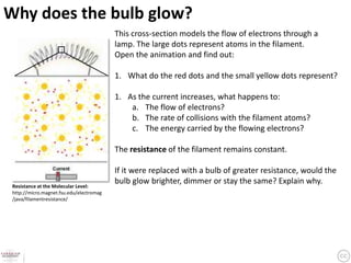 Why does the bulb glow?
                                          This cross-section models the flow of electrons through a
                                          lamp. The large dots represent atoms in the filament.
                                          Open the animation and find out:

                                          1. What do the red dots and the small yellow dots represent?

                                          1. As the current increases, what happens to:
                                              a. The flow of electrons?
                                              b. The rate of collisions with the filament atoms?
                                              c. The energy carried by the flowing electrons?

                                          The resistance of the filament remains constant.

                                          If it were replaced with a bulb of greater resistance, would the
                                          bulb glow brighter, dimmer or stay the same? Explain why.
 Resistance at the Molecular Level:
 http://micro.magnet.fsu.edu/electromag
 /java/filamentresistance/
 