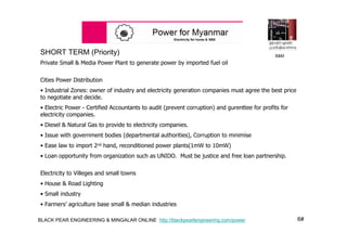 6#BLACK PEAR ENGINEERING & MINGALAR ONLINE http://blackpearlengineering.com/power
SHORT TERM (Priority)
Private Small & Media Power Plant to generate power by imported fuel oil
Cities Power Distribution
• Industrial Zones: owner of industry and electricity generation companies must agree the best price
to negotiate and decide.
• Electric Power - Certified Accountants to audit (prevent corruption) and gurenttee for profits for
electricity companies.
• Diesel & Natural Gas to provide to electricity companies.
• Issue with government bodies (departmental authorities), Corruption to minimise
• Ease law to import 2nd hand, reconditioned power plants(1mW to 10mW)
• Loan opportunity from organization such as UNIDO. Must be justice and free loan partnership.
Electricity to Villeges and small towns
• House & Road Lighting
• Small industry
• Farmers’ agriculture base small & median industries
B&M
 