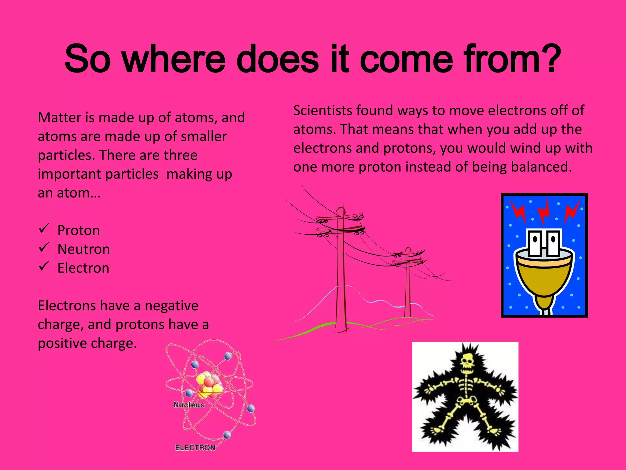 So where does it come from?
Matter is made up of atoms, and
atoms are made up of smaller
particles. There are three
important particles making up
an atom…
Proton
Neutron
Electron
Electrons have a negative
charge, and protons have a
positive charge.
Scientists found ways to move electrons off of
atoms. That means that when you add up the
electrons and protons, you would wind up with
one more proton instead of being balanced.