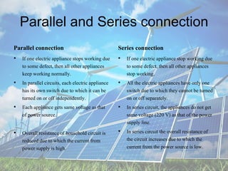 Parallel and Series connection
Parallel connection
• If one electric appliance stops working due
to some defect, then all other appliances
keep working normally.
• In parallel circuits, each electric appliance
has its own switch due to which it can be
turned on or off independently.
• Each appliance gets same voltage as that
of power source.
• Overall resistance of household circuit is
reduced due to which the current from
power supply is high.
Series connection
• If one electric appliance stop working due
to some defect, then all other appliances
stop working.
• All the electric appliances have only one
switch due to which they cannot be turned
on or off separately.
• In series circuit, the appliances do not get
same voltage (220 V) as that of the power
supply line.
• In series circuit the overall resistance of
the circuit increases due to which the
current from the power source is low.
 