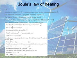 Joule’s law of heating
Let
An electric current I is flowing through a resistor having resistance equal to R.
The potential difference through the resistor is equal to V.
The charge Q flows through the circuit for the time t.
Thus, work done in moving of charge Q of potential difference V = VQ
Since, this charge Q flows through the circuit for time t,
 