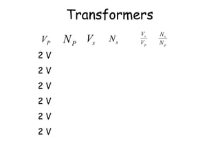 Transformers 
V 
V N V s N s 
P P s V 
p 
N 
s 
N 
p 
2 V 125 2 V 125 1 1 
2 V 125 8 V 500 4 4 
2 V 125 10 V 625 5 5 
2 V 500 0.5 V 125 0.25 0.25 
2 V 500 2 V 500 1 1 
2 V 500 2.5 V 625 1.25 1.25 
 
