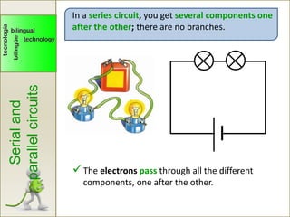 Serialand
parallelcircuits
In a series circuit, you get several components one
after the other; there are no branches.
The electrons pass through all the different
components, one after the other.
 