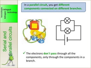Serialand
parallelcircuits
In a parallel circuit, you get different
components connected on different branches.
The electrons don´t pass through all the
components, only through the components in a
branch.
 