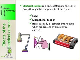 Effectsofthe
electricalcurrent
Light
Magnetism / Motion
Heat: basically all components heat up
when are crossed by an electrical
current
Electrical current can cause different effects as it
flows through the components of the circuit
 
