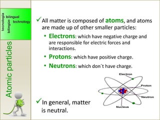 Atomicparticles
All matter is composed of atoms, and atoms
are made up of other smaller particles:
• Electrons: which have negative charge and
are responsible for electric forces and
interactions.
• Protons: which have positive charge.
• Neutrons: which don´t have charge.
In general, matter
is neutral.
 