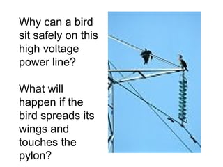 Why can a bird
sit safely on this
high voltage
power line?
What will
happen if the
bird spreads its
wings and
touches the
pylon?
 