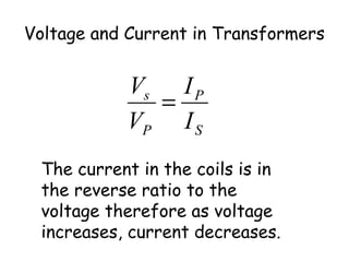 Voltage and Current in Transformers
S
P
P
s
I
I
V
V
=
The current in the coils is in
the reverse ratio to the
voltage therefore as voltage
increases, current decreases.
 